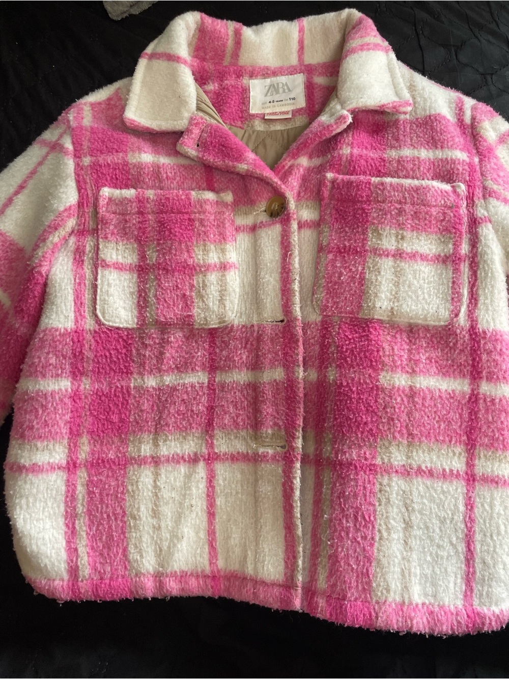 Zara Kids Pink and White Plaid Faux-Sherpa Jacket